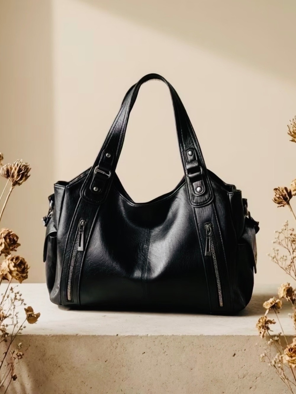 Black shoulder tote bag with zip pockets